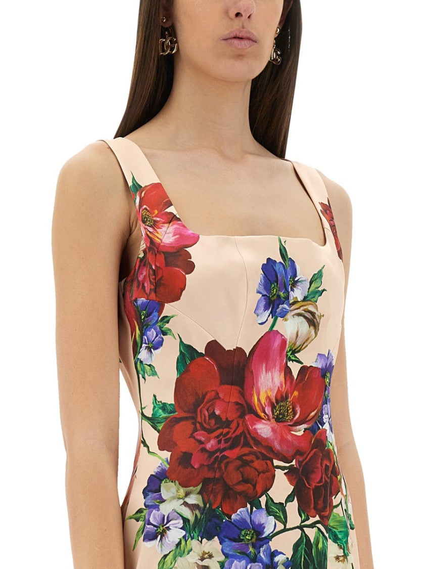 Dolce & Gabbana Flower Print Satin Sheath Longuette Dress