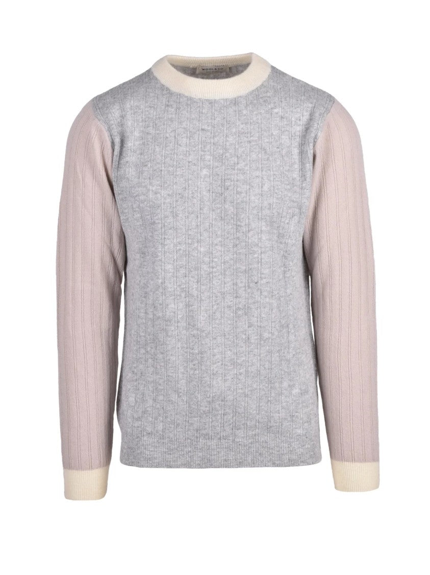 Wool & Co Light Grey Crew Neck Sweater With Contrasting Ribbed Details