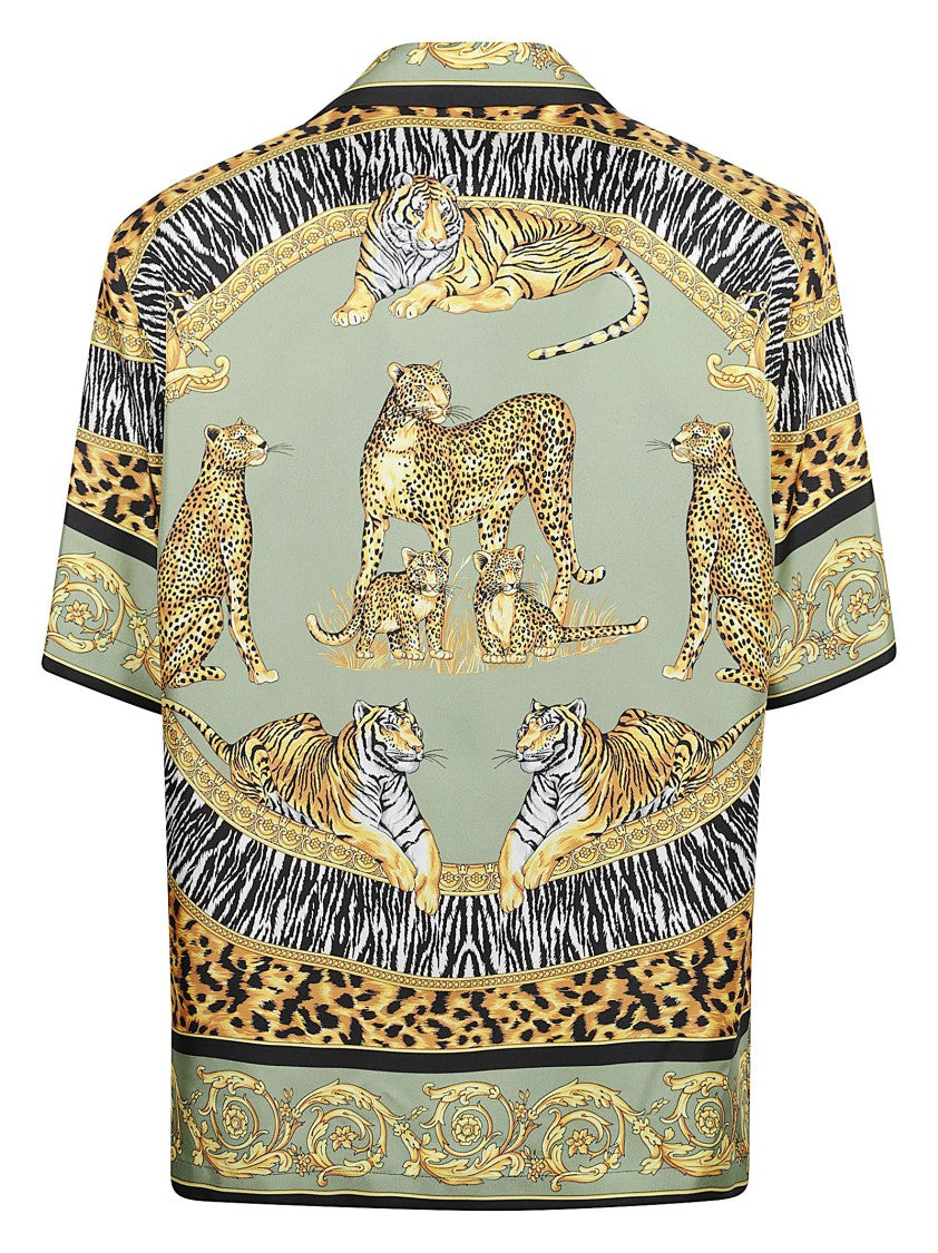 Versace Short-Sleeved Silk Twill Shirt With Wild Cats Print