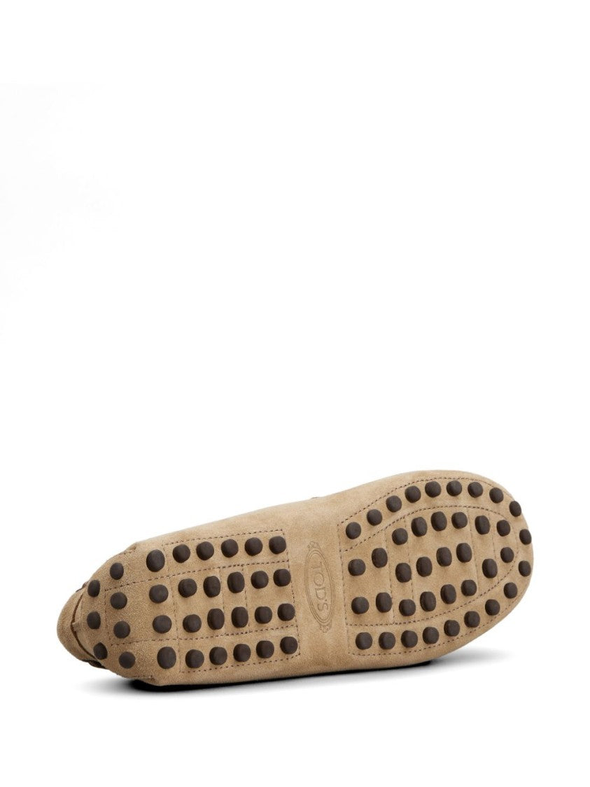 Tod's Beige Suede Flats With Front Tie And Contrast Stitching