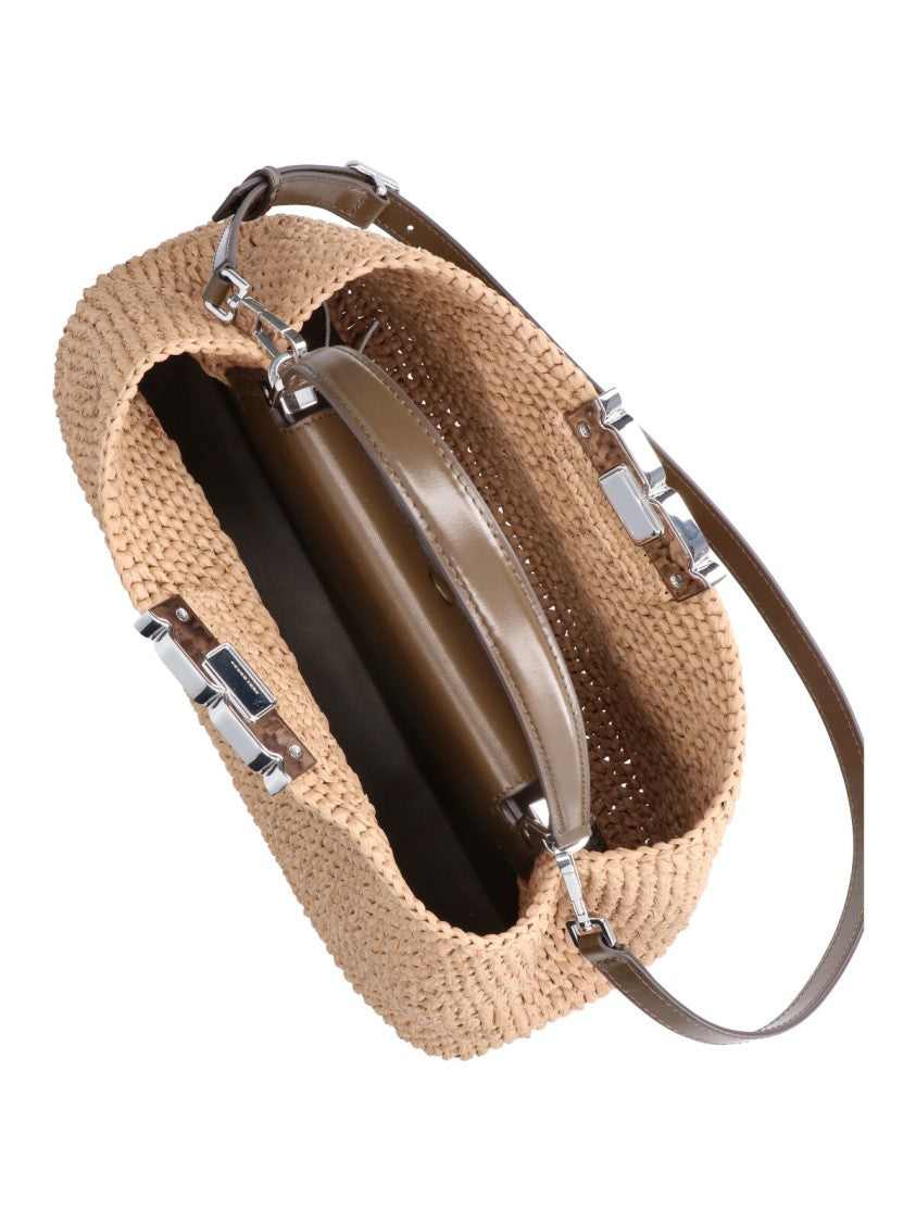 Tory Burch Beige Textured Trapezoidal Woven Bag