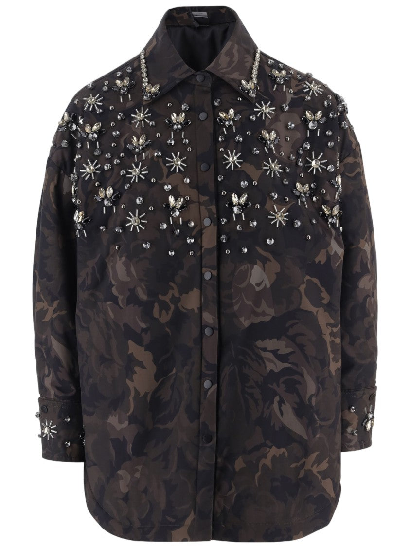 Pinko Dark Floral Camouflage Coat With Boxy Silhouette And Embellishments