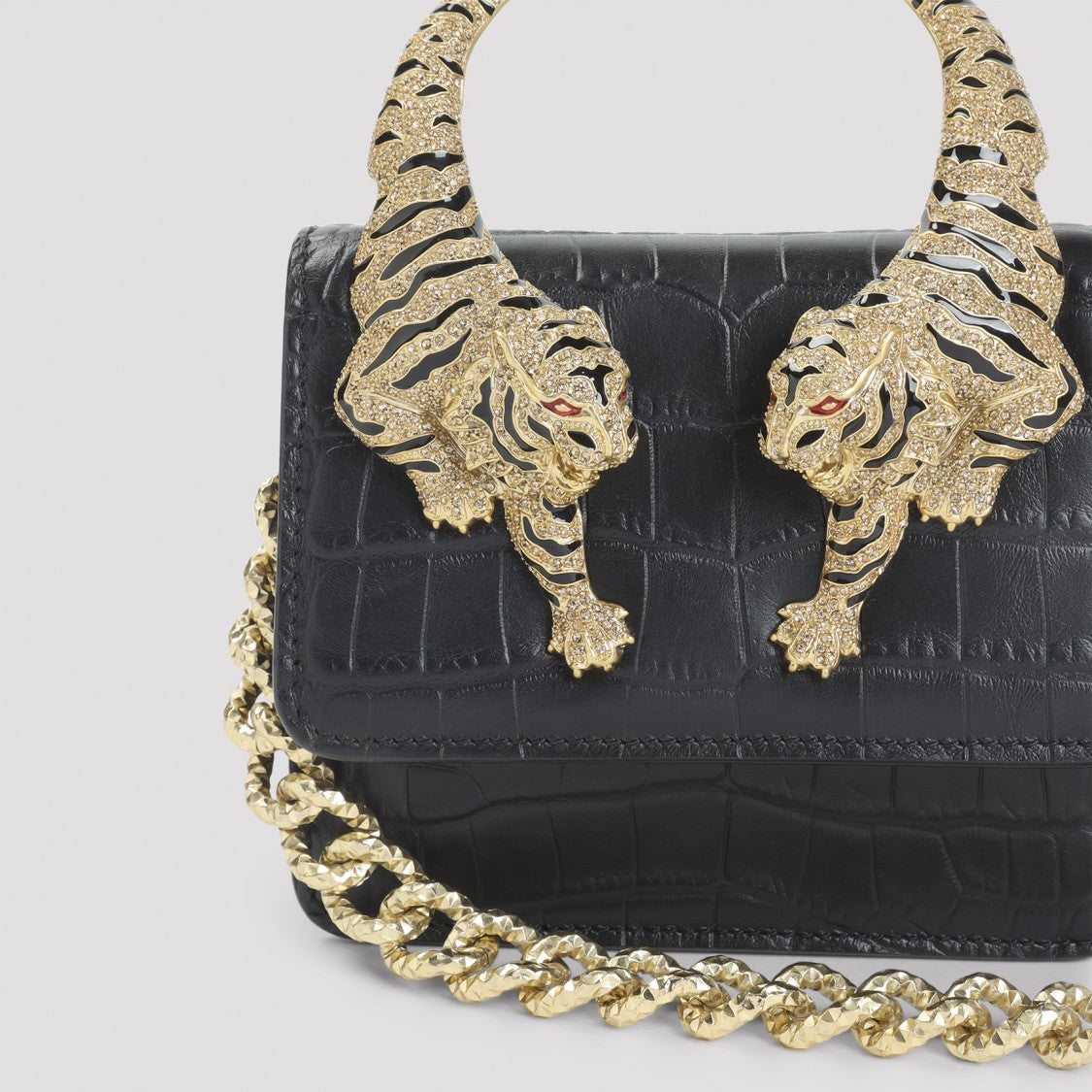 Roberto Cavalli Crocodile-Embossed Leather Handbag With Tiger Handle