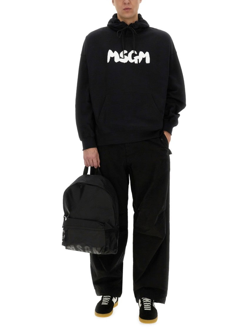 Msgm Black Hoodie With Spacious Hood And Graphic Logo