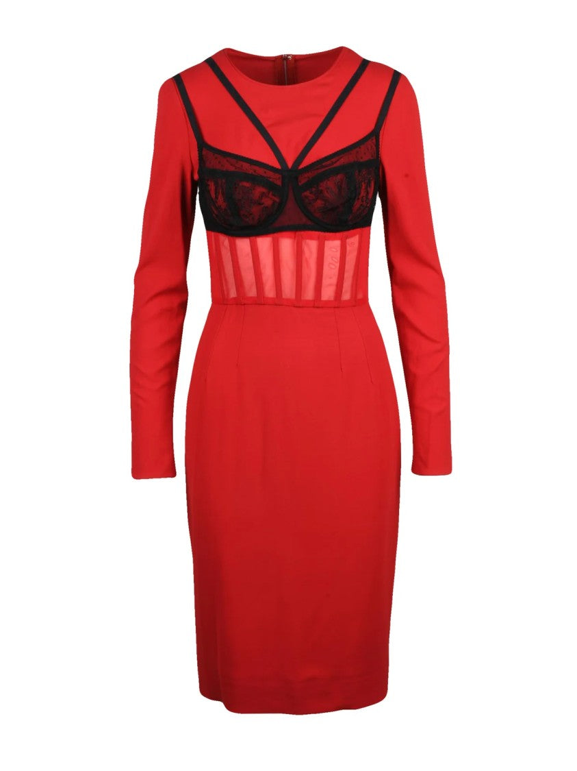 Dolce & Gabbana Long Sheath Dress With Sculpted Bodice And Sheer Mesh Panels
