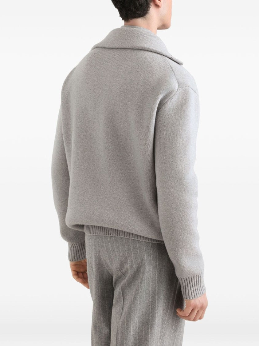 Dolce & Gabbana Light Grey Wide Collar Gold Accent Cardigan