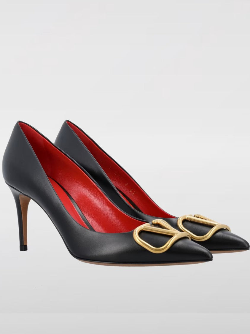Valentino Black Pointed-Toe Gold Buckle Leather Pumps
