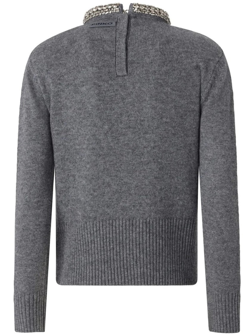 Pinko Knitted Grey Pullover Sweater With Bead Embellishments