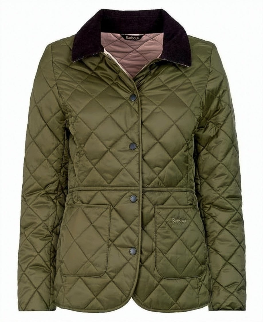 Barbour Quilted Green Jacket With Diamond Pattern And Corduroy Collar