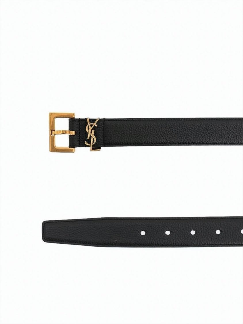 Saint Laurent Textured Calf Leather Belt With Gold-Tone Buckle