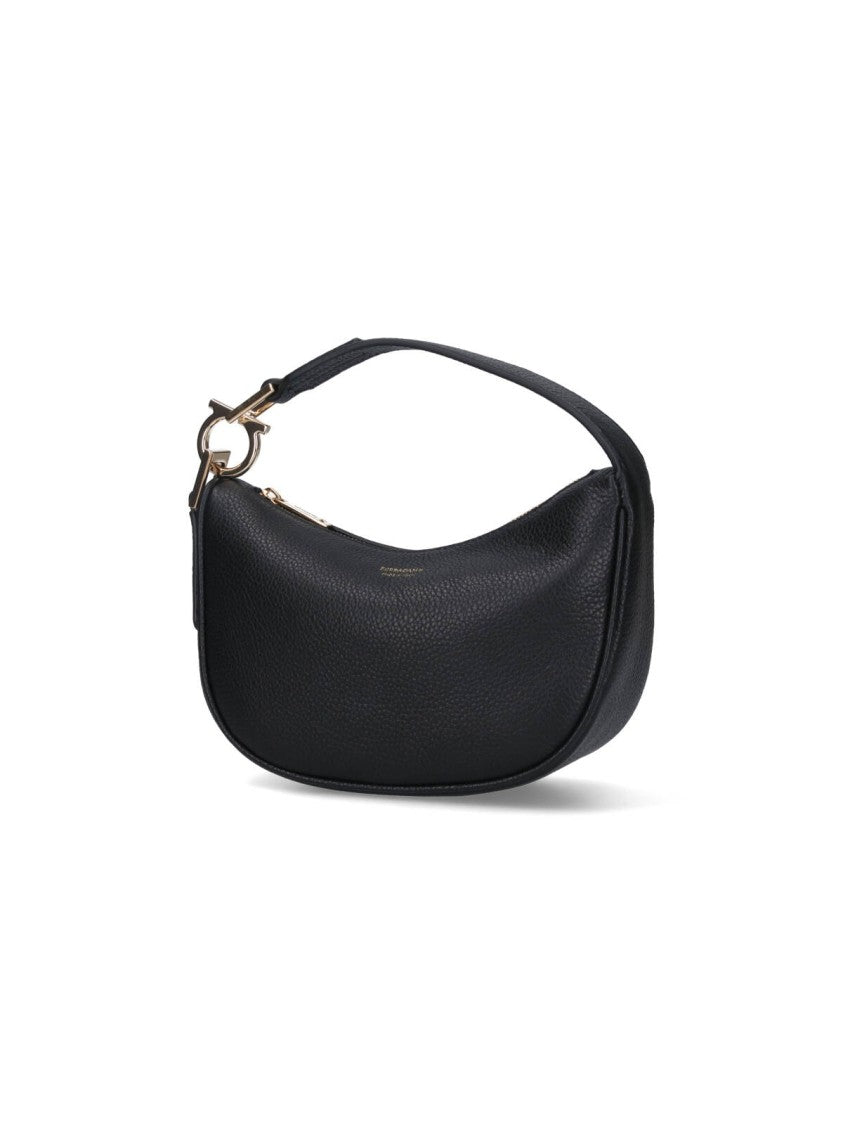 Ferragamo "North-South" Mini Hobo Bag In Black Hammered Calfskin