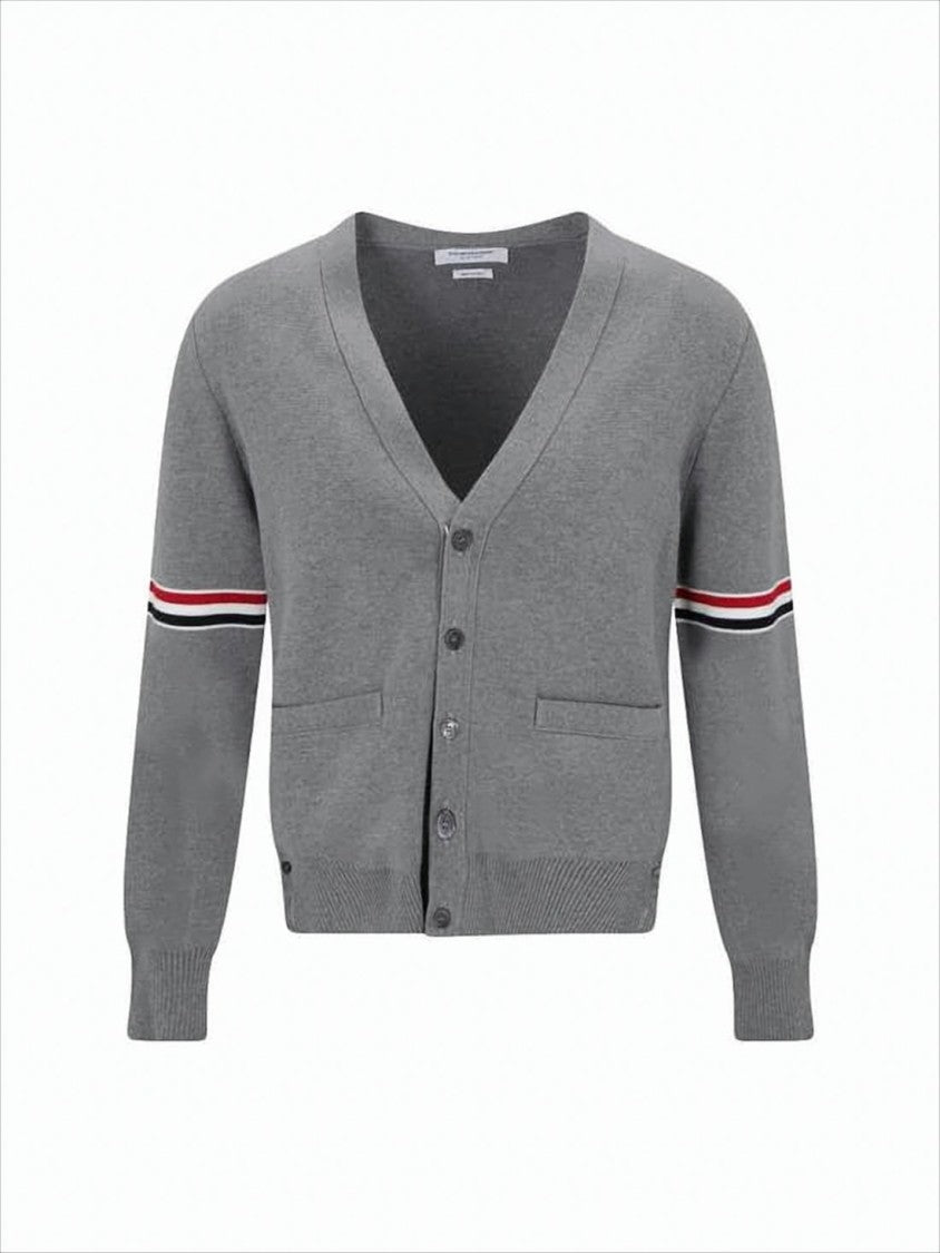 Thom Browne Grey Knit Cardigan With V-Neckline And Striped Detailing