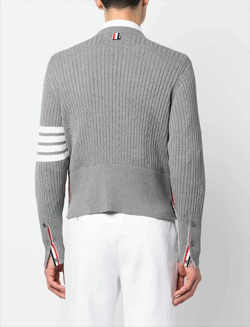 Thom Browne Four-Bar Cable Knit Sweater With Tricolor Cuffs