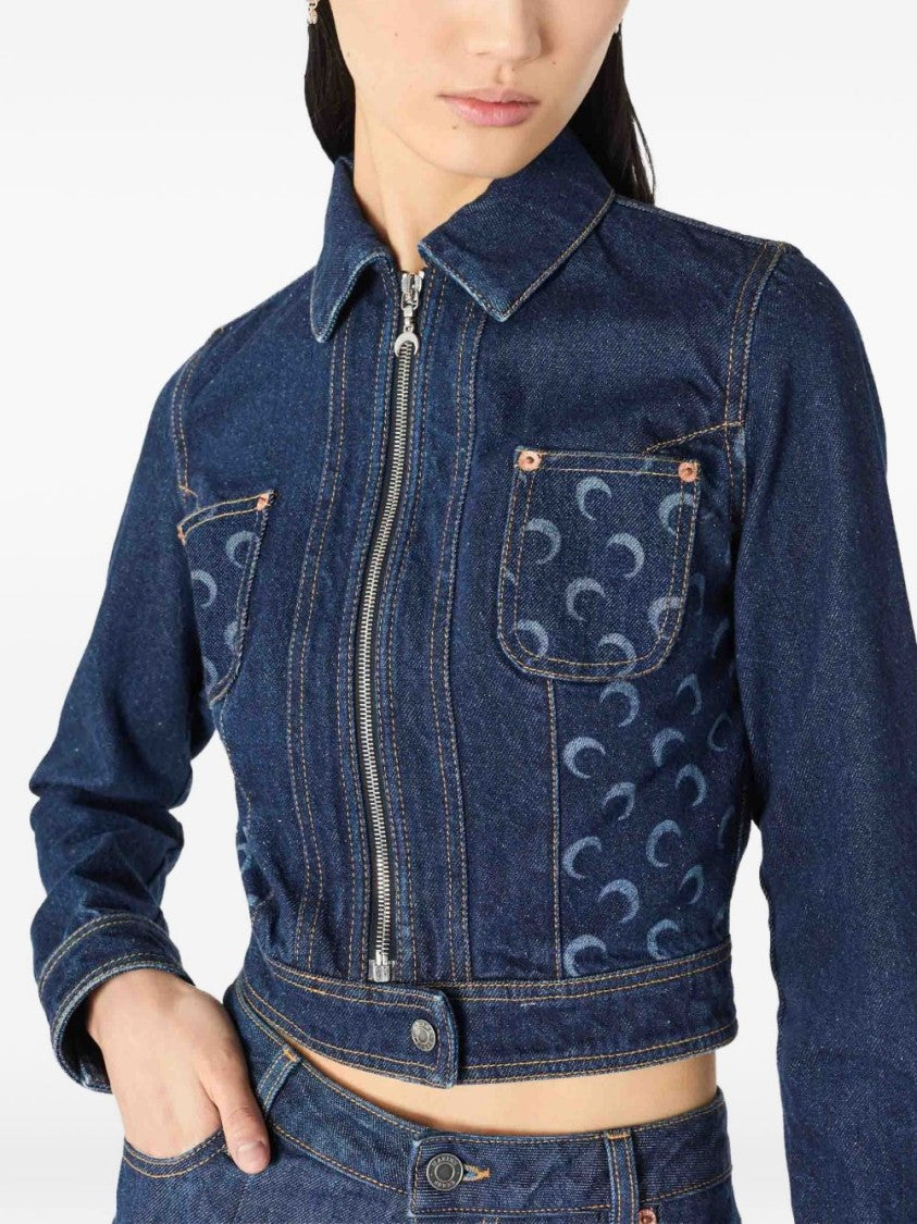 Marine Serre Brown Cropped Denim Crescent Moon Jacket