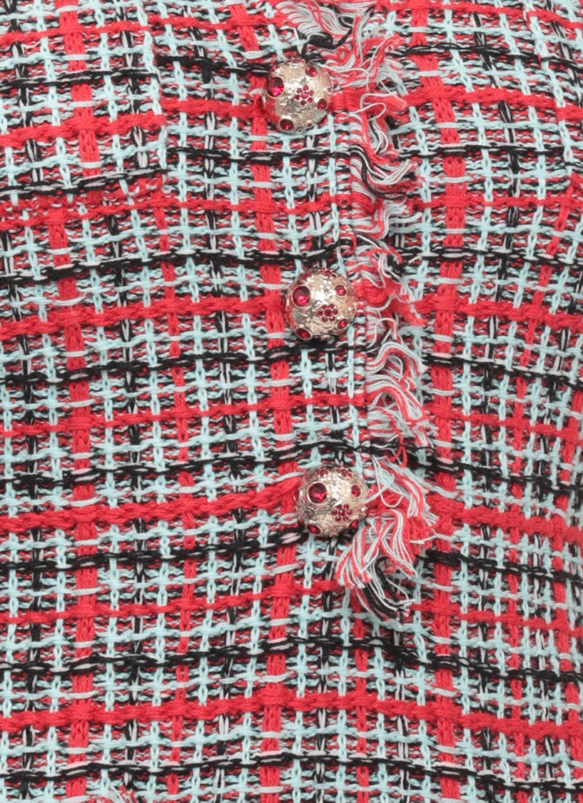Self-Portrait Checkered Midi Dress With Fringed Neckline And Jewel Buttons