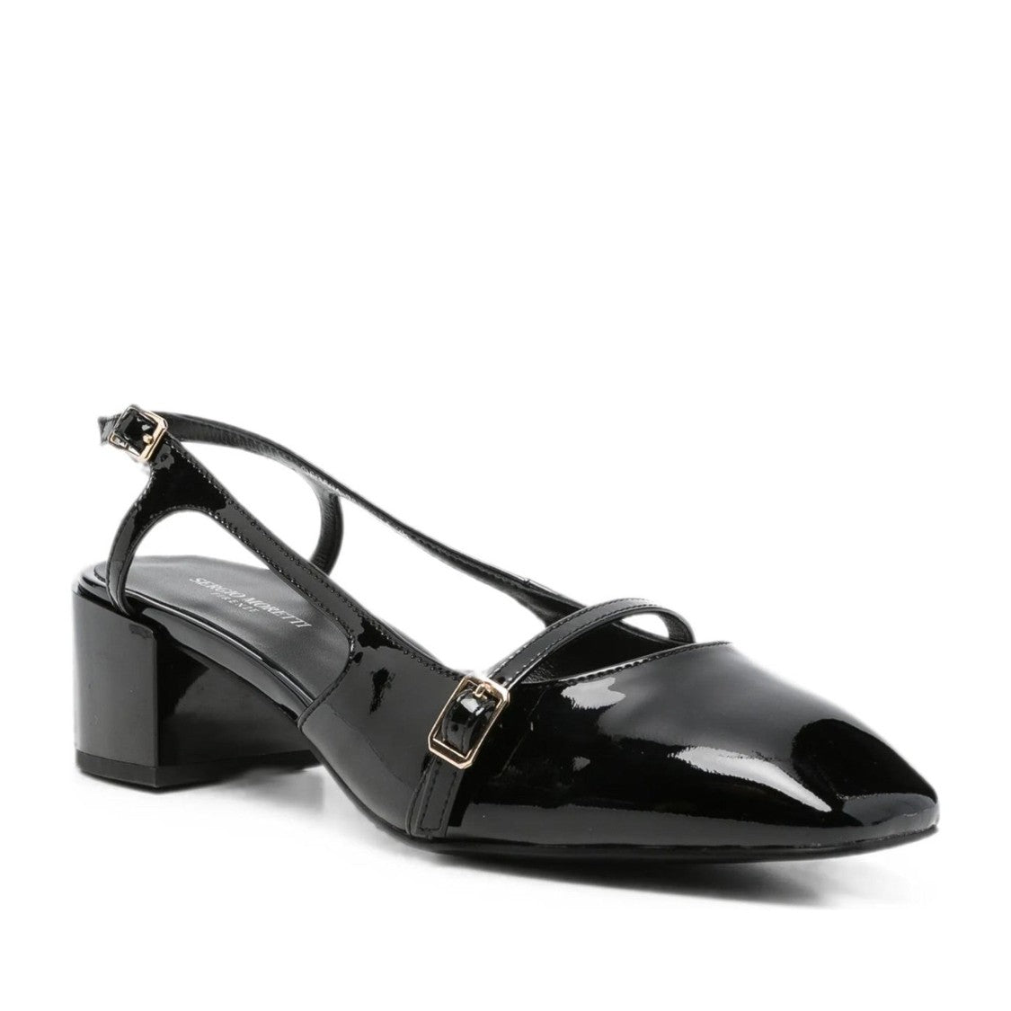 Sergio Moretti Black Elegant Mid-Height Block Heel Patent Leather Dress Flats