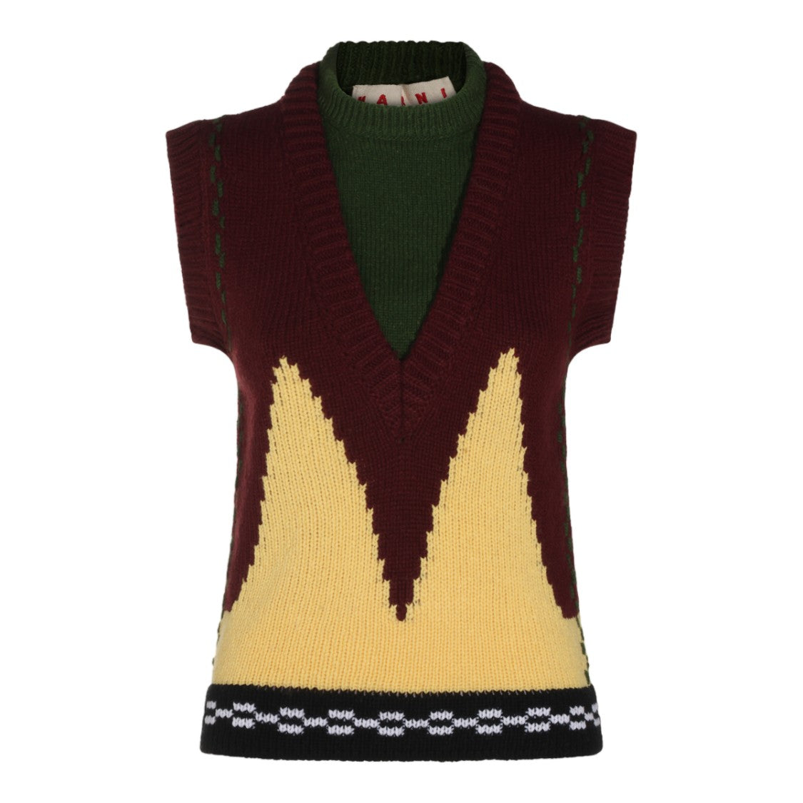 Marni Sleeveless Burgundy Sweater Vest With Geometric Pattern