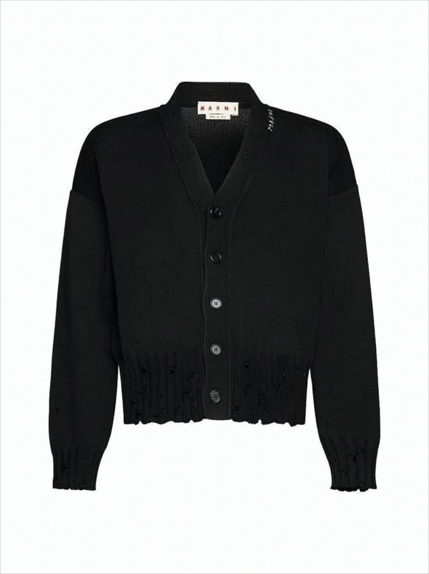 Marni Cropped Boxy Cardigan With Deep V-Neckline And Ribbed Details