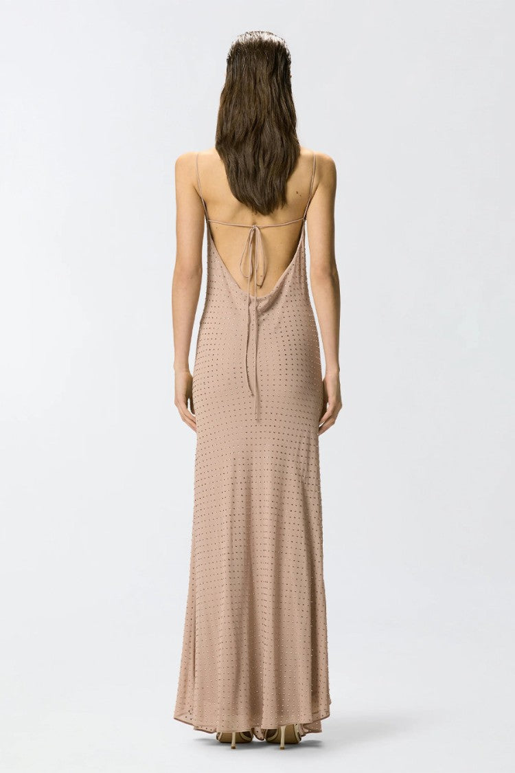 Pinko Beige Perforated Dot Cowl Neck Polyester Maxi Dress