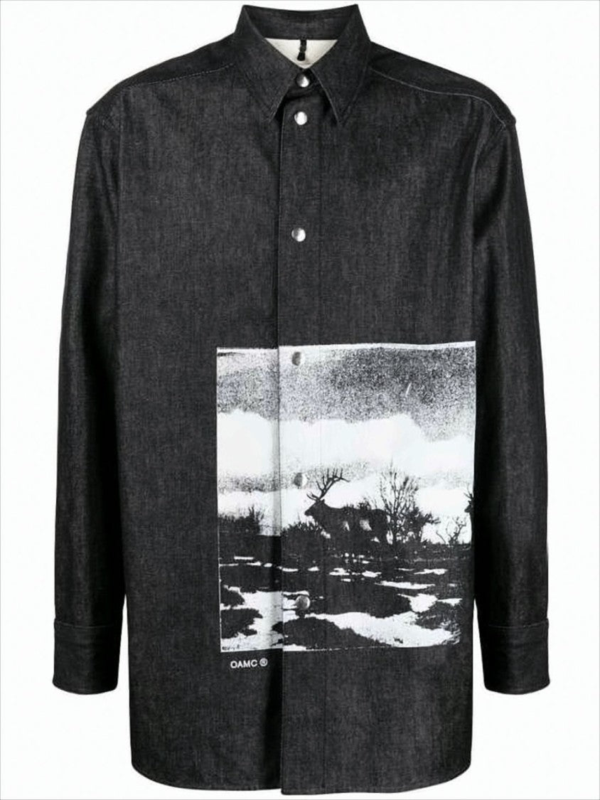 Oamc Textured Black Long-Sleeve Shirt With Graphic Print