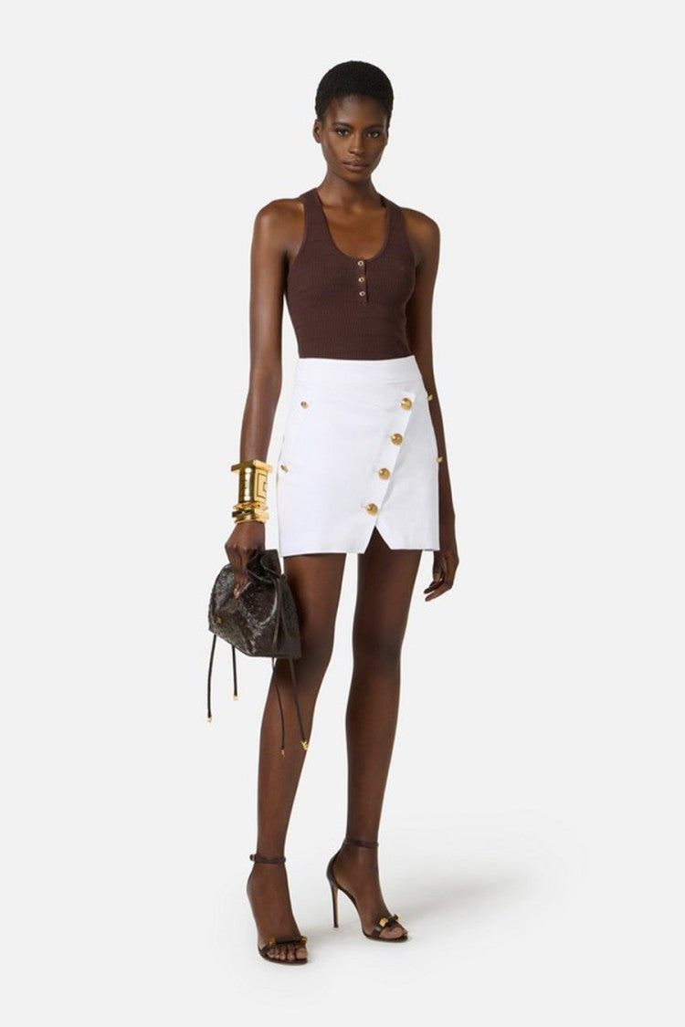 Elisabetta Franchi Brown Braided Ribbed Gold-Button Placket Lyocell-Blend Tank Top