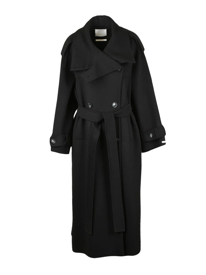 Sportmax Double-Breasted Virgin Wool Coat With Belted Waist And Integrated Pockets