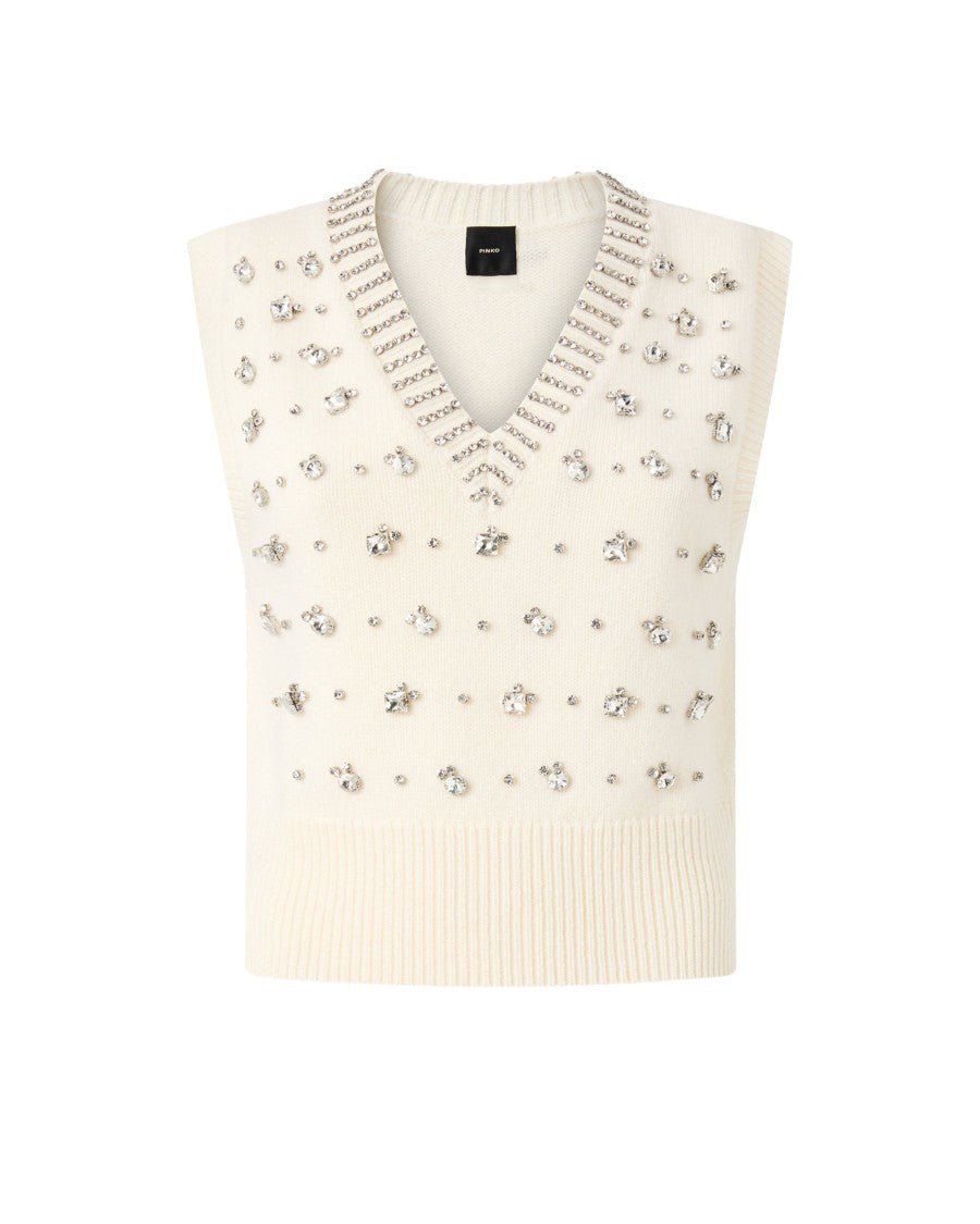 Pinko White Knit Vest With Rhinestones