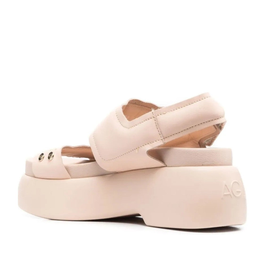 Agl Beige Leather Puffy Velcro Wedge Sandals