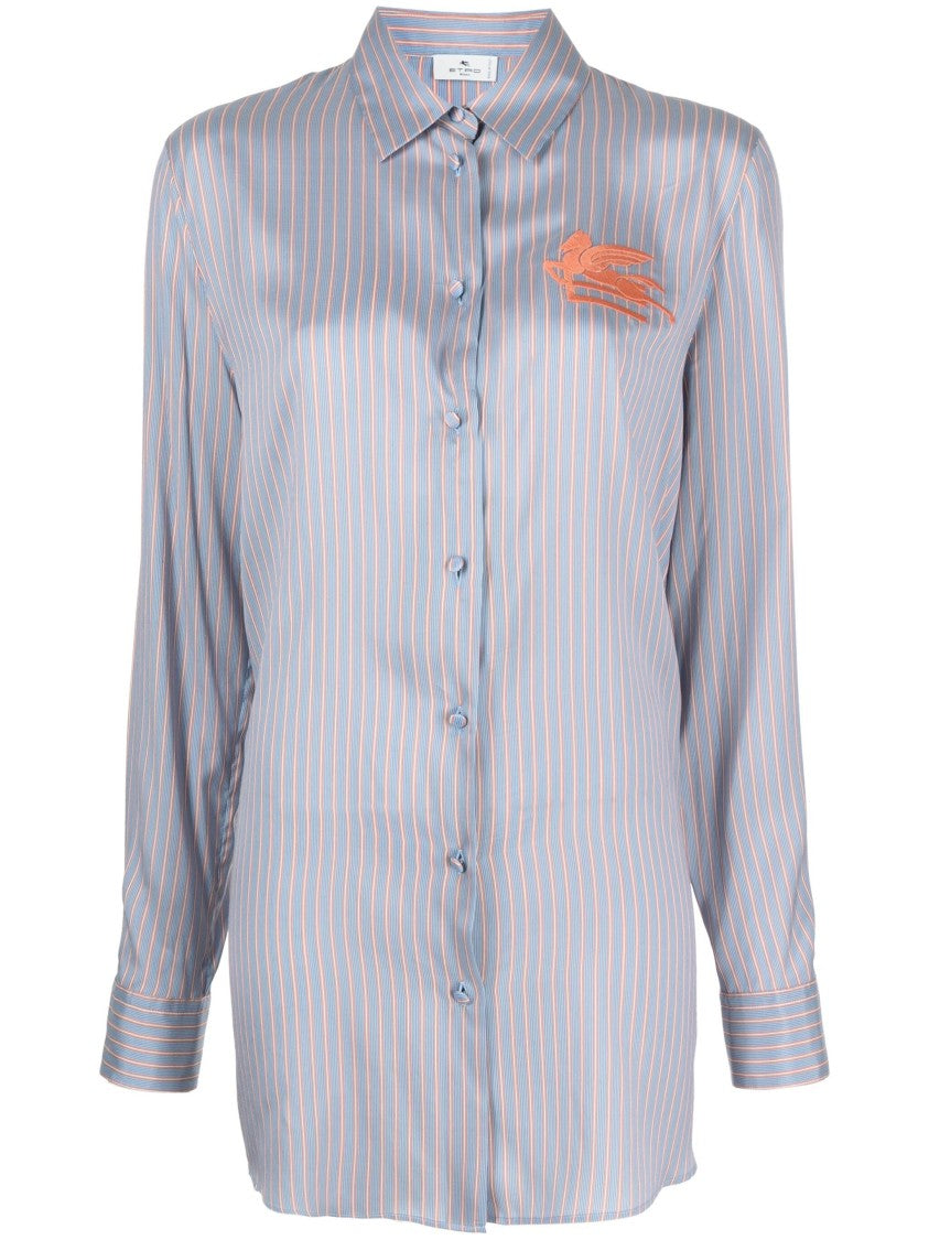 Etro Classic Blue Silk Shirt With Vertical Stripes