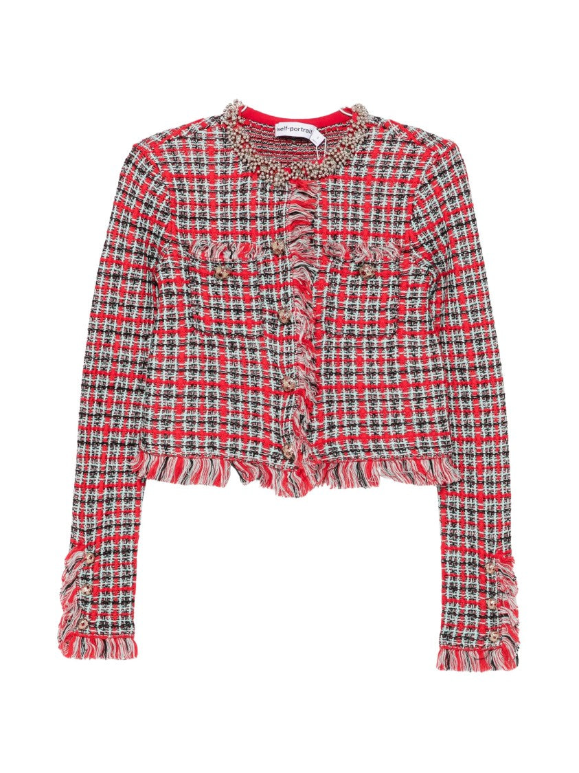 Self-Portrait Cropped Checkered Fringe Trim Jacket
