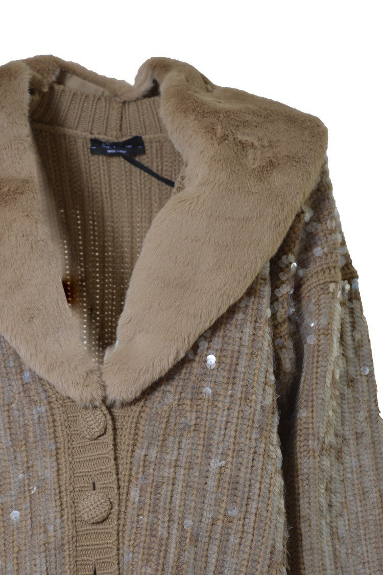 Blumarine Camel Virgin Wool Cardigan With Sequins