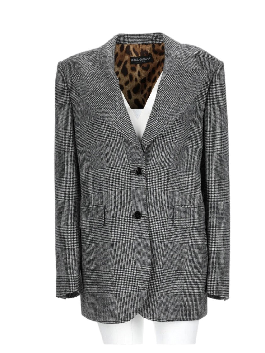 Dolce & Gabbana Grey Tailored Checkered Leopard-Lined Blazer