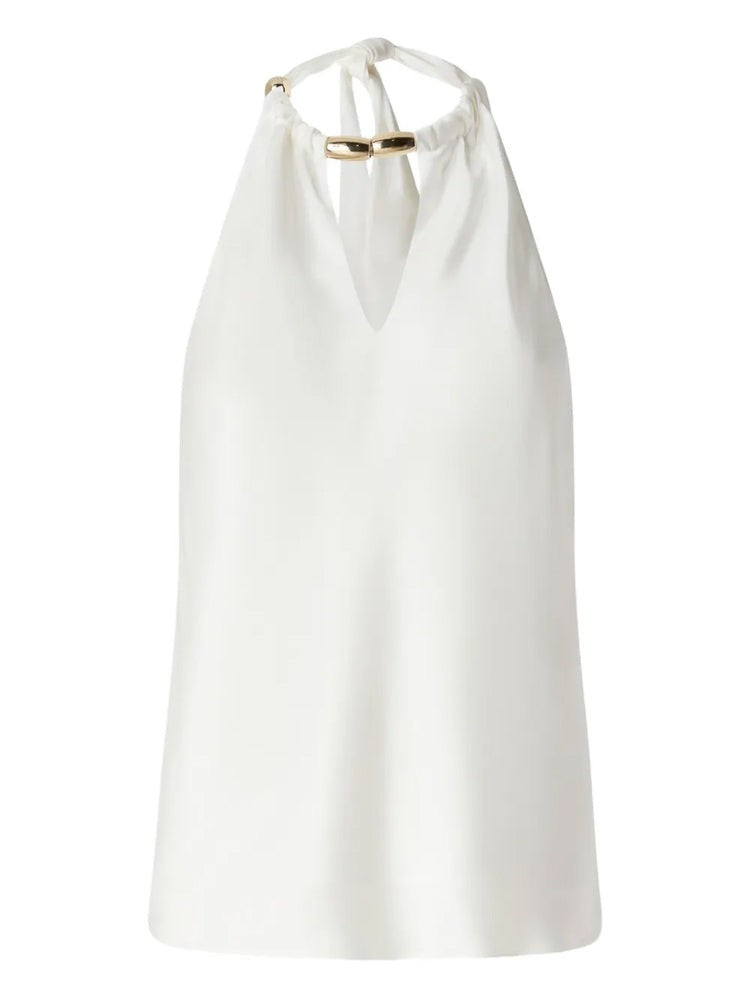 Pinko White Open-Back Draped Halter Neckline Blouse