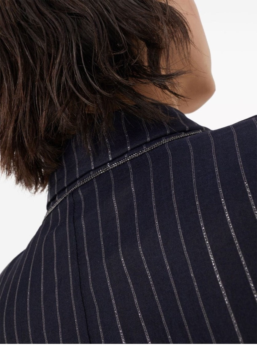 Brunello Cucinelli Double-Breasted Jacket With Pinstripe Detail And Belted Waist
