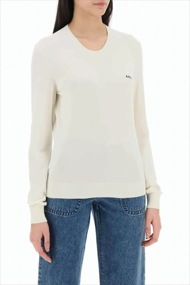 A.P.C. Minimalist White Crew Neck Sweater With Ribbed Details