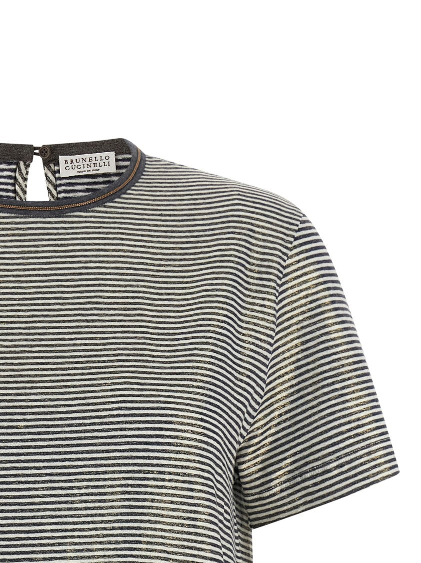 Brunello Cucinelli 'Shiny Collar Detail' Striped Linen T-Shirt