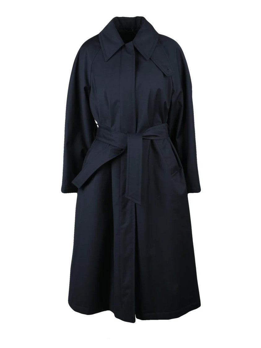 Paltò Belted Blue Trench Coat With Structured Collar And Snap Button Closure