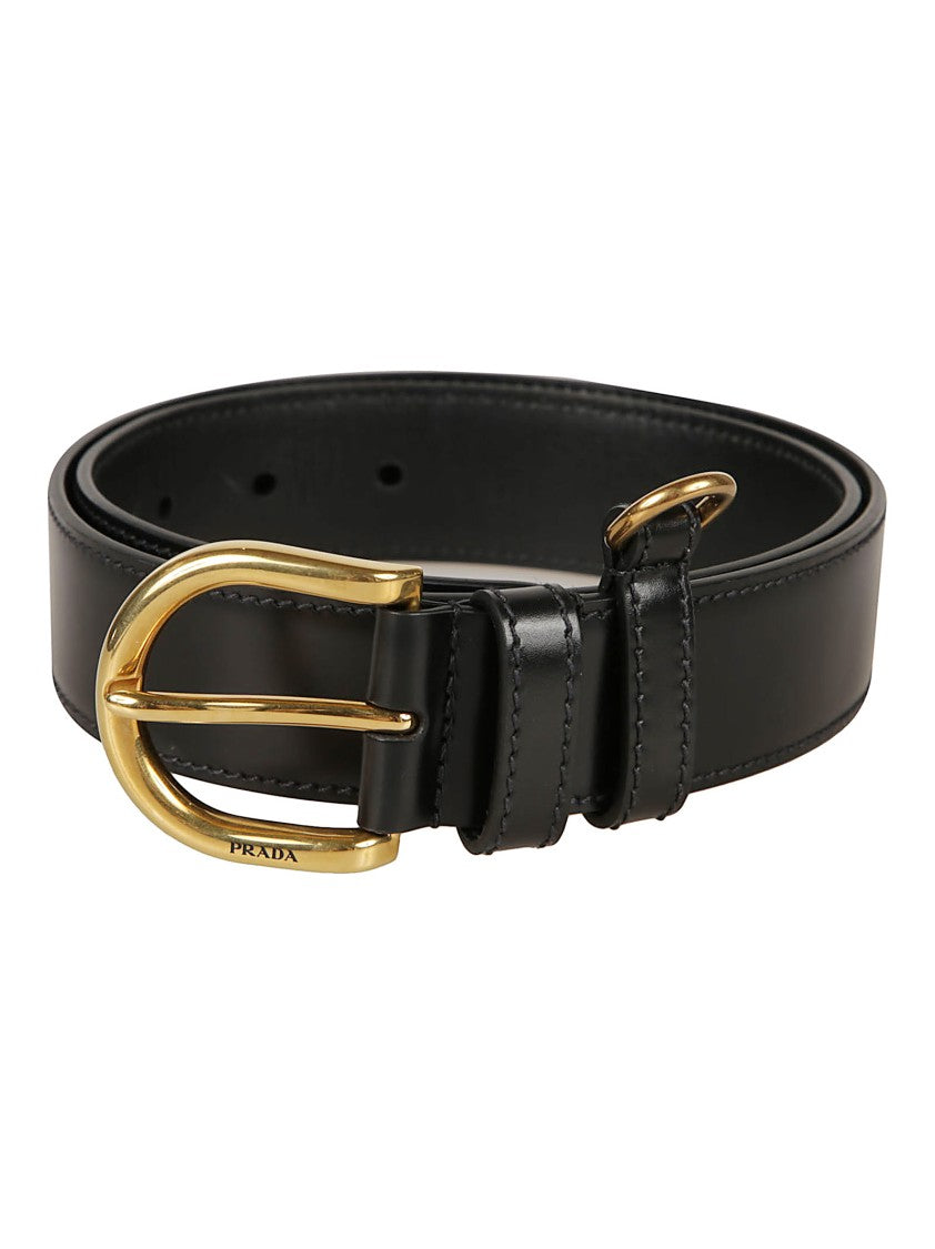 Prada Black Leather Belt With Polished Gold-Tone Buckle And Engraved Branding
