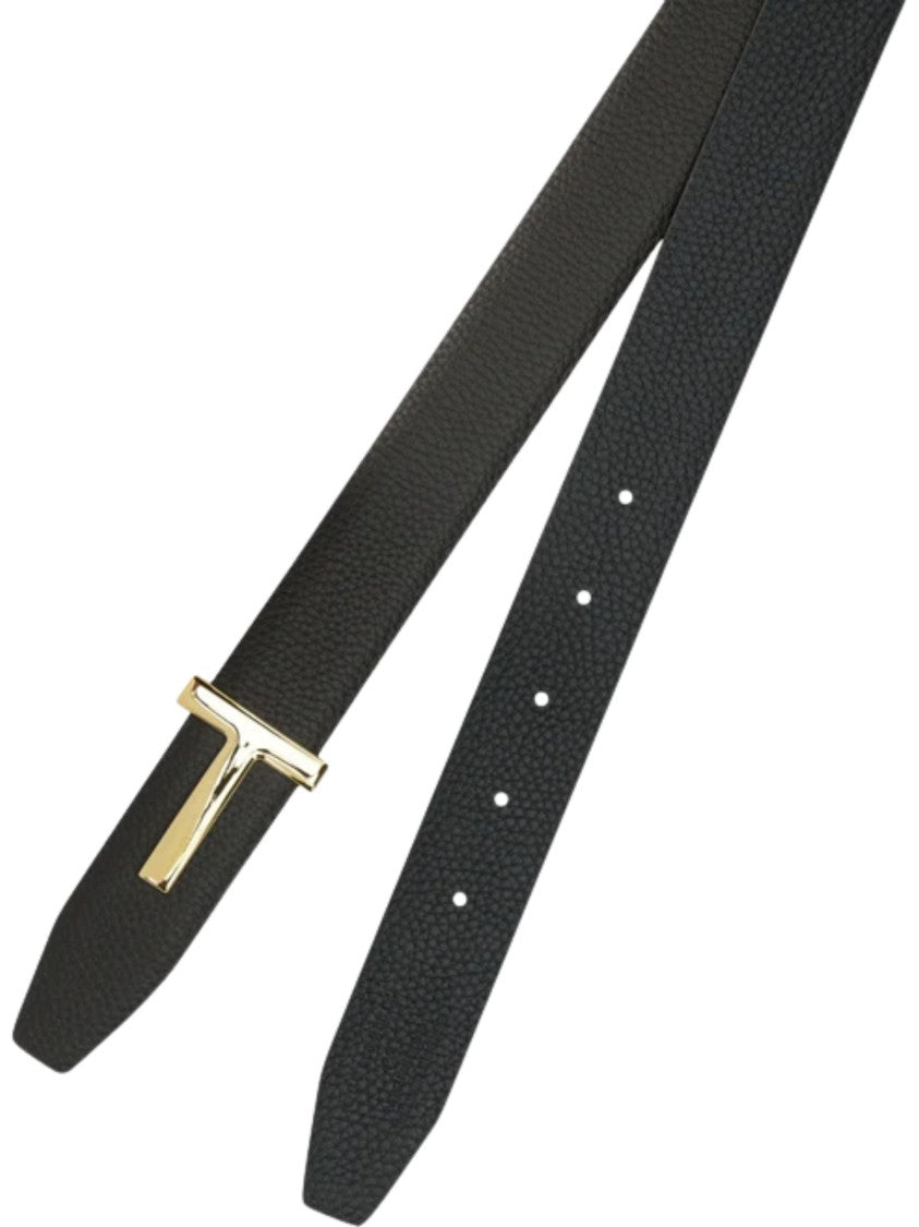 Tom Ford Black Leather Belt With Textured Finish And Gold-Tone Buckle