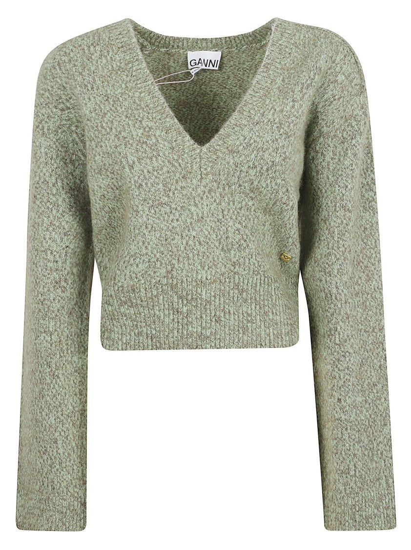 Ganni Textured Knit Sweater With Wide V-Neck