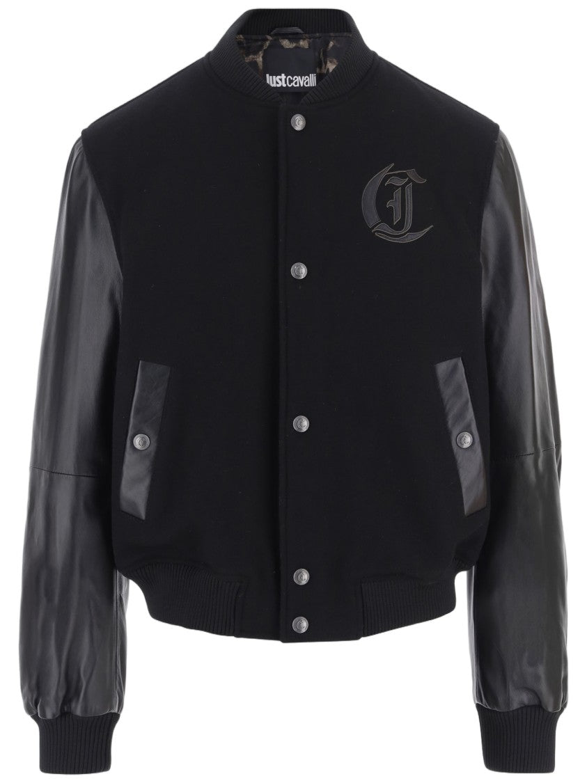 Just Cavalli Wool Varsity Jacket With Leather Sleeves And Emblematic Logo