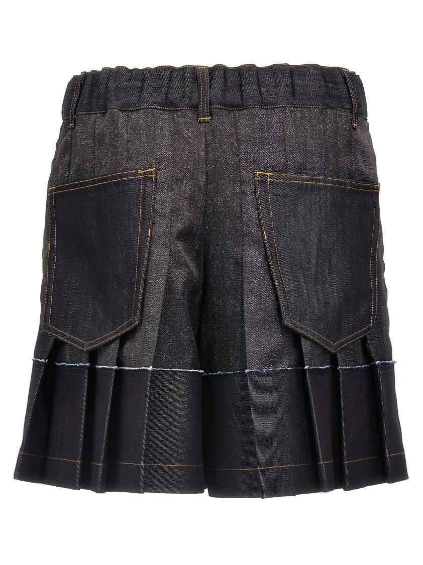 Sacai Flounced Denim Print Synthetic Shorts With Cotton Details