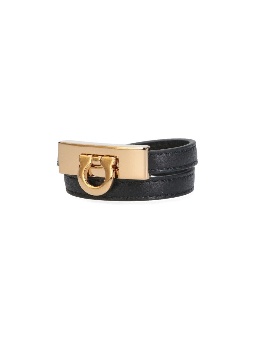 Ferragamo Double-Wrap Black Calf Leather Bracelet