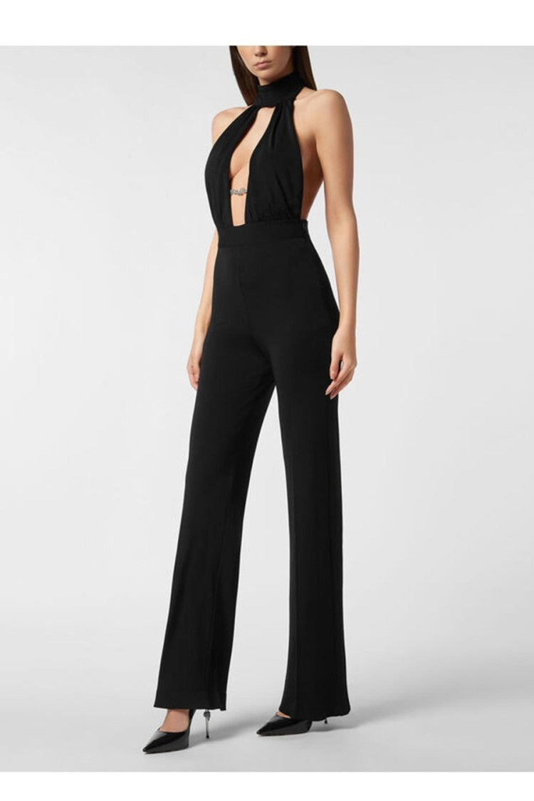 Philipp Plein Black Viscose Halter Neck Cutout Jumpsuit