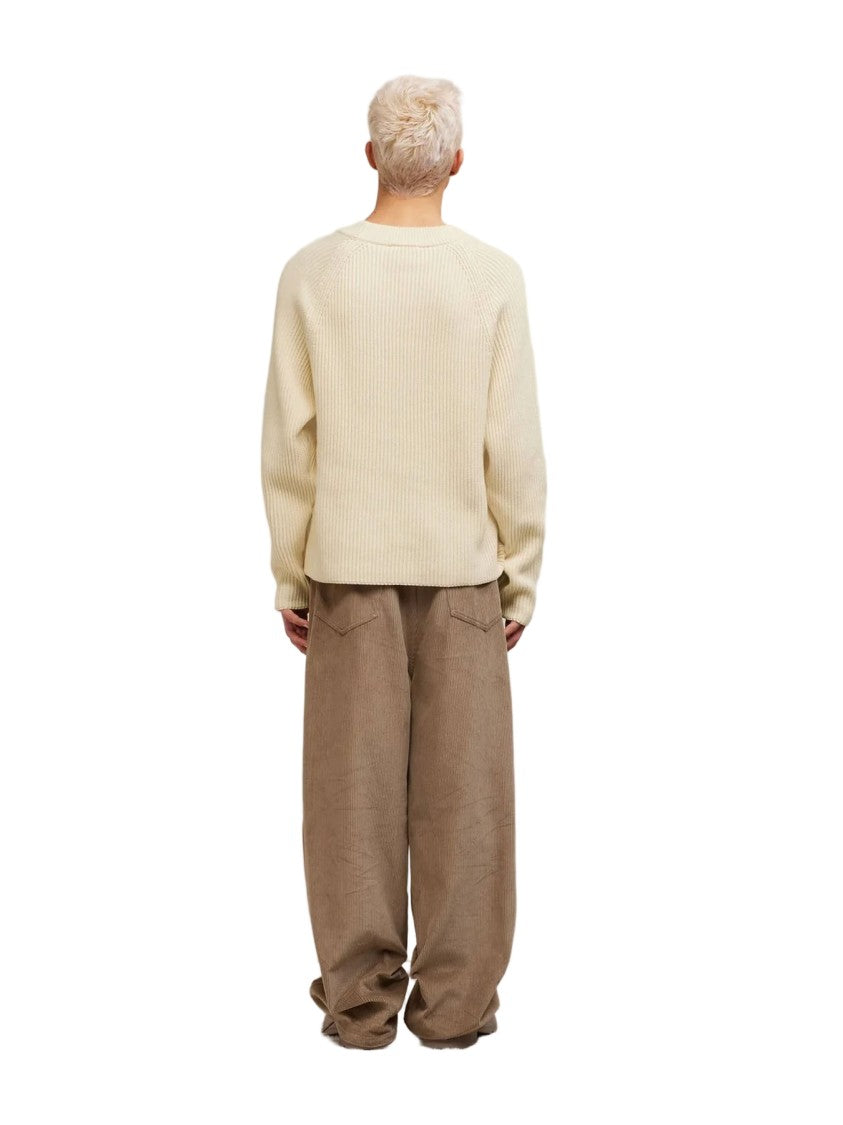 Ami Paris Ecru-Beige Ribbed Crew-Neck Sweater