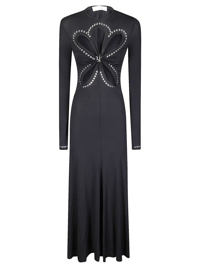 Paco Rabanne Long-Sleeved Black Maxi Dress With Eyelet Detailing