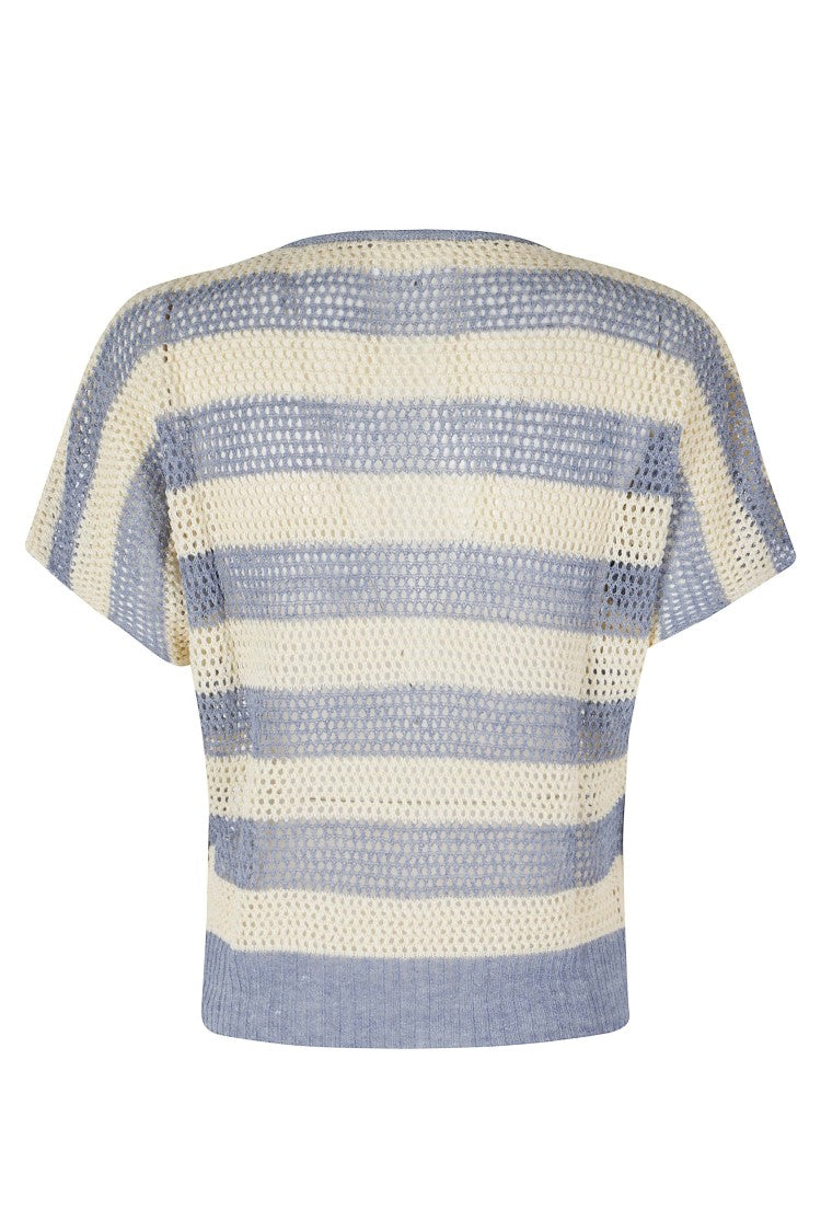 Solotre Milk Blue Striped Mesh Linen-Blend Short-Sleeve Sweater