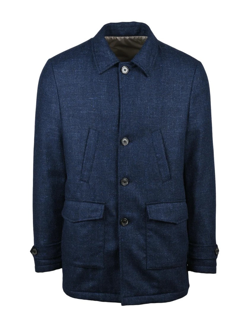 Luigi Borrelli Napoli Perforated Blue Jacket With Button Closure And Flap Pockets