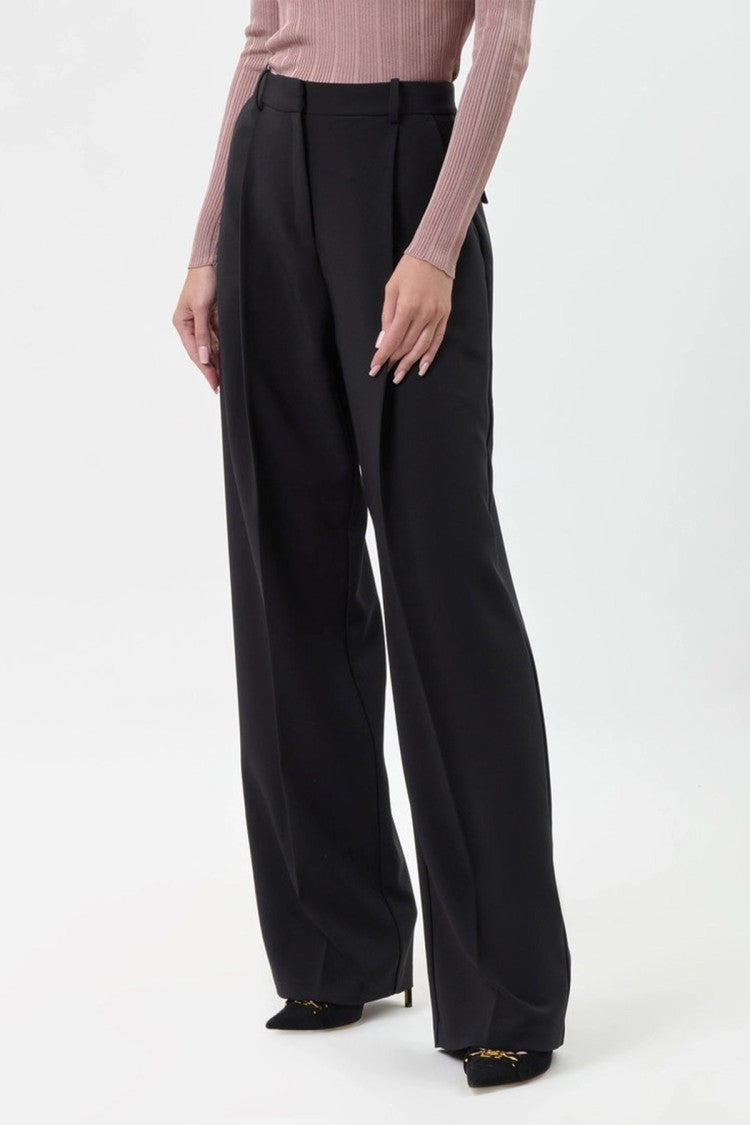Elisabetta Franchi Black High-Waisted Pleated Polyester-Blend Wide-Leg Pants