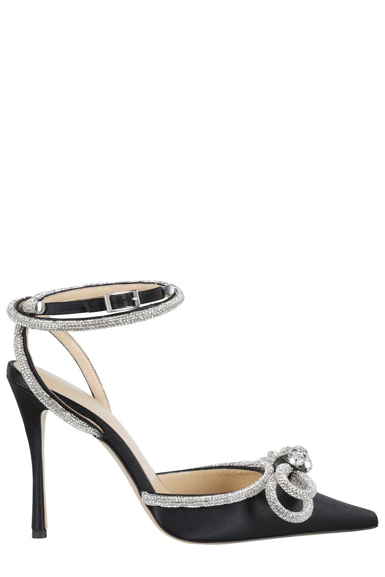 Mach & Mach Black Silk Satin Rhinestone-Trim Leather Sandals
